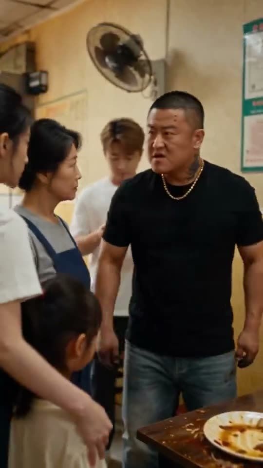 AI 生成的短剧画面:小餐馆里一家人和一位情绪激动的客人
